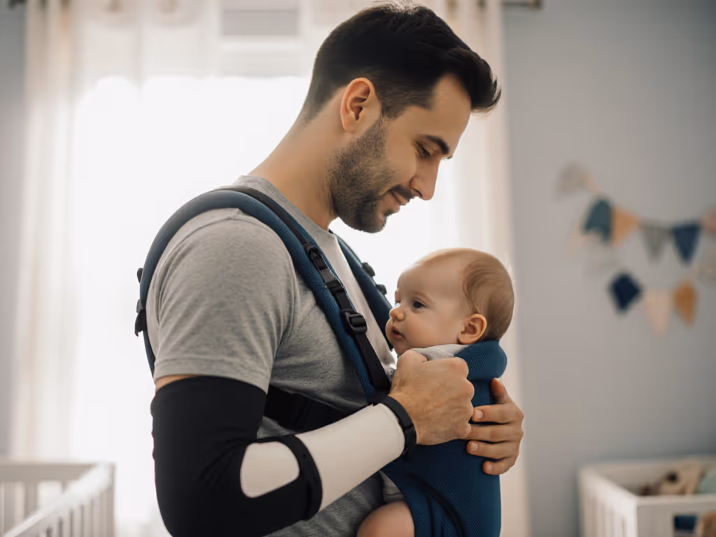 father_with_arm_brace_using_baby_carrier