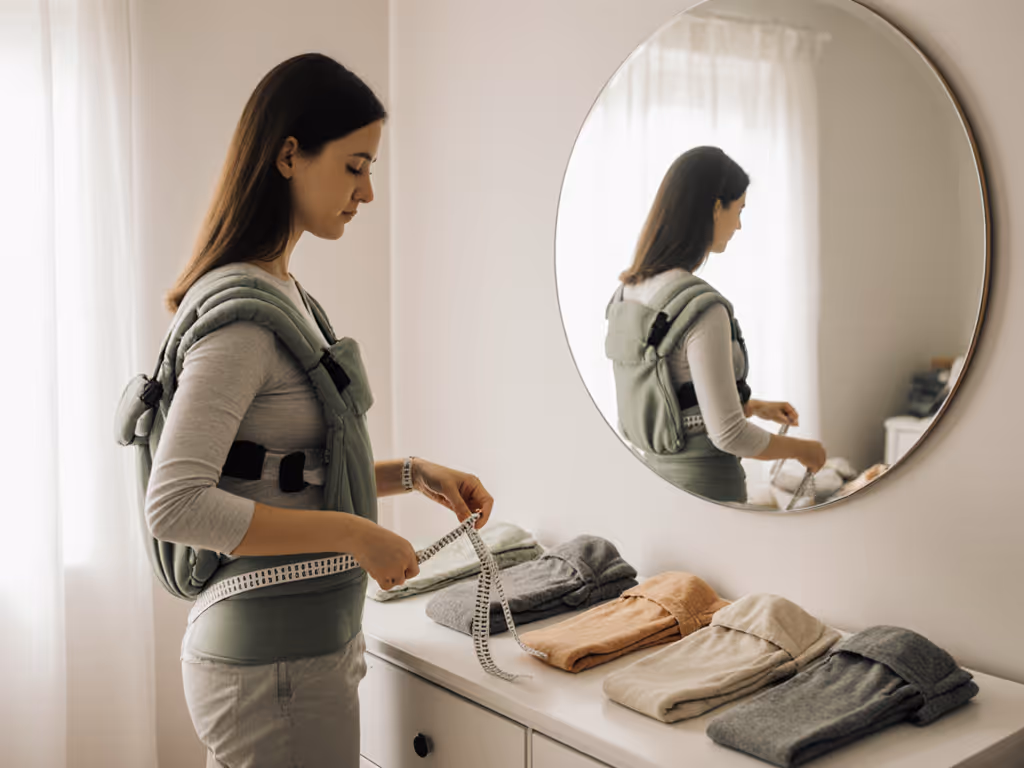 short_torso_caregiver_testing_different_baby_carriers_with_a_measuring_tape_in_front_of_a_mirror